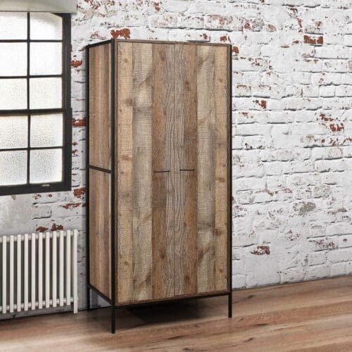 Urban Rustic - 2 Door Wardrobe - Oak/Black - Wooden/Metal - Happy Beds