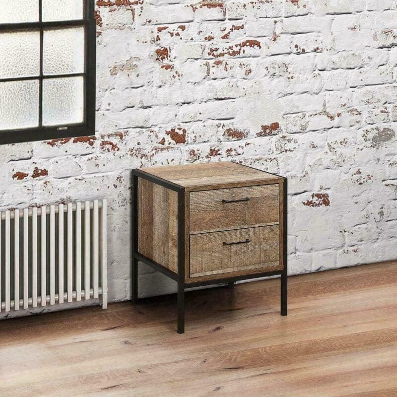 Urban Rustic - 2 Drawer Bedside Table - Oak/Black - Wooden/Metal - Happy Beds