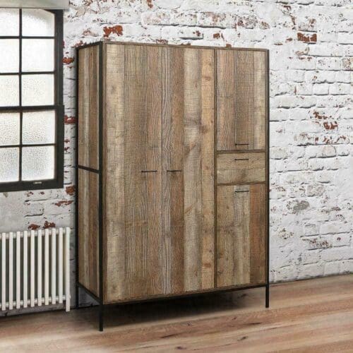 Urban Rustic - 4 Door Wardrobe - Oak/Black - Wooden/Metal - Happy Beds