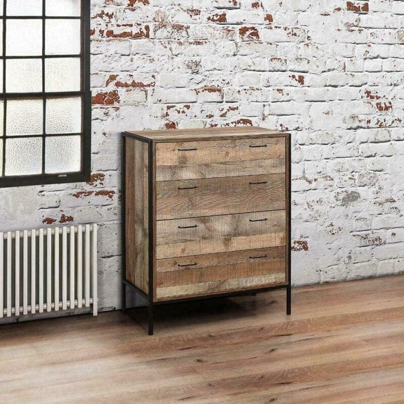 Urban Rustic - 4 Drawer Chest - Oak/Black - Wooden/Metal - Happy Beds