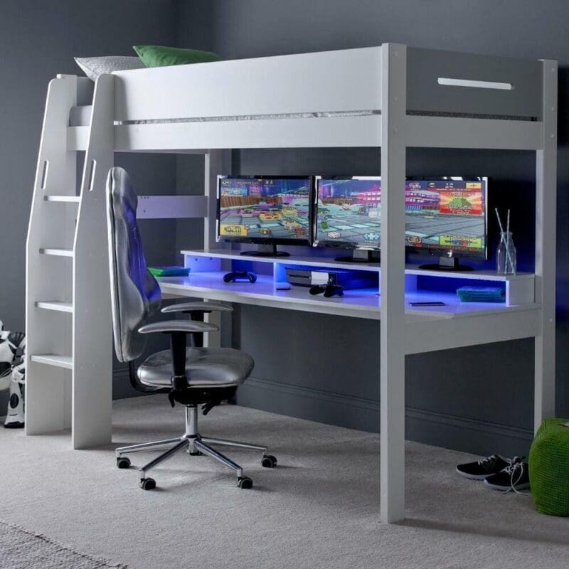 Urban - Single - Console Gaming High Sleeper Bed - White and Grey - Wood - 3ft - Happy Beds