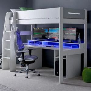 Urban - Single - PC Gaming High Sleeper Bed - White and Grey - Wood - 3ft - Happy Beds