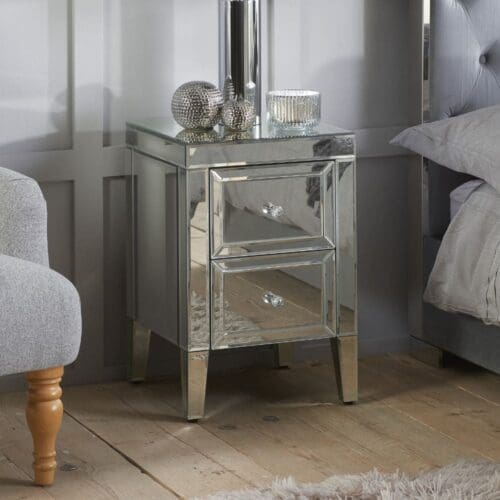 Valencia - 2 Drawer Bedside Table - Mirror/Glass - Happy Beds