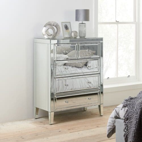 Valencia - 3+2 Drawer Chest - Mirror/Glass - Happy Beds