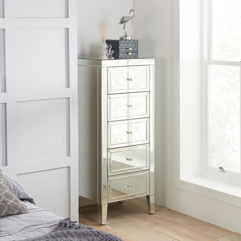 Valencia - 5 Drawer Narrow Chest - Mirror/Glass - Happy Beds