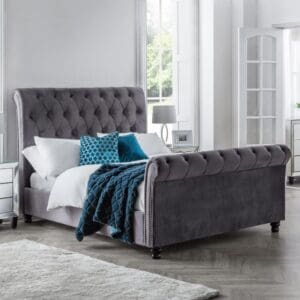 Valentino - Double - Sleigh Bed - Grey - Velvet - 4ft6 - Happy Beds