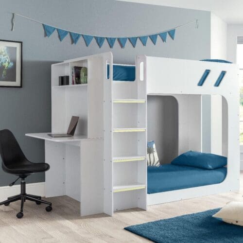 Venus - Single - Kids Bunk Bed - Storage and Desk - White Wooden - 3ft - Happy Beds