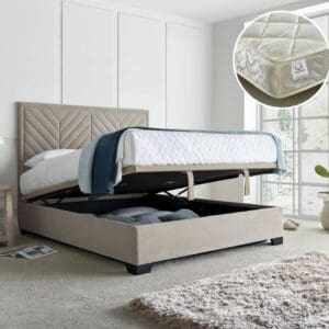 Watson/Eclipse - Double - Ottoman Storage Bed and 800 Pocket Sprung Quilted Mattress Included - Warm Stone/White - Velvet/Fabric - 4ft6 - Happy Beds