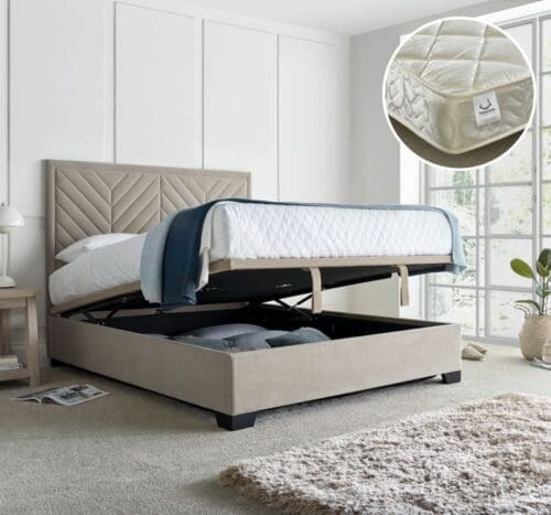 Watson/Eclipse - Double - Ottoman Storage Bed and 800 Pocket Sprung Quilted Mattress Included - Warm Stone/White - Velvet/Fabric - 4ft6 - Happy Beds