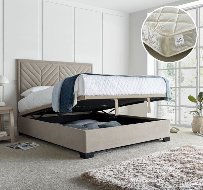 Watson/Eclipse - Double - Ottoman Storage Bed and 800 Pocket Sprung Quilted Mattress Included - Warm Stone/White - Velvet/Fabric - 4ft6 - Happy Beds