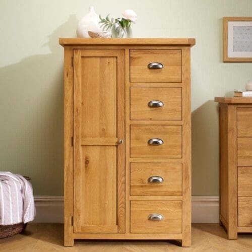 Woburn - 1 Door 5 Drawer Wardrobe - Oak - Wooden - Happy Beds