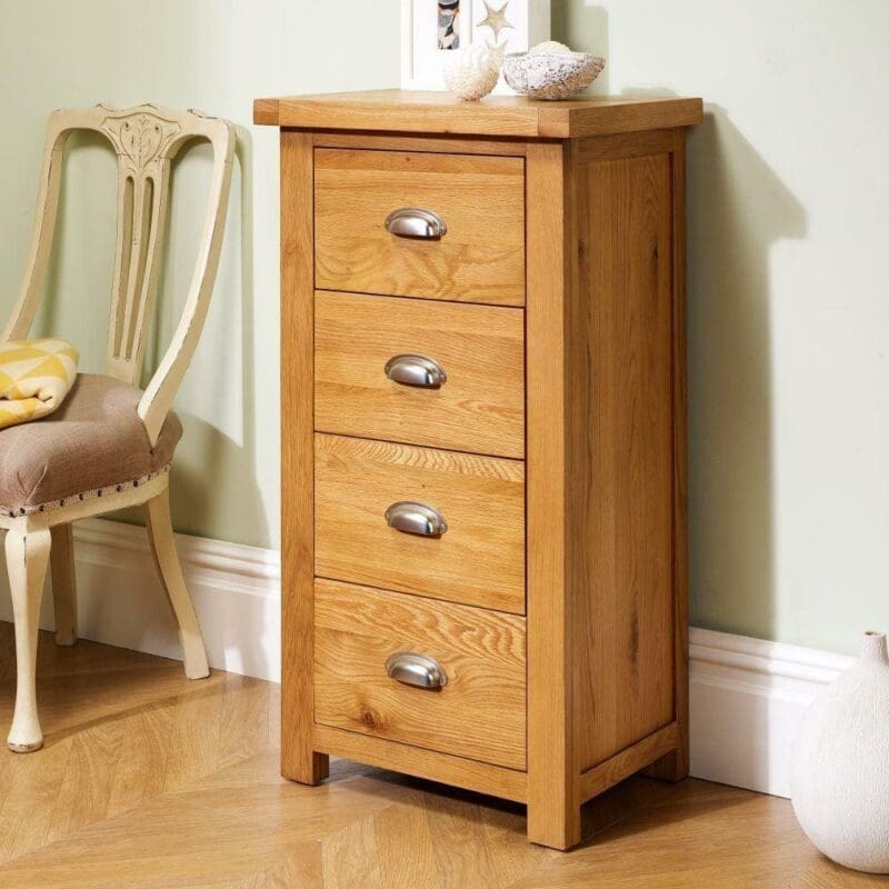 Woburn - 4 Drawer Narrow Chest - Oak - Wooden - Happy Beds