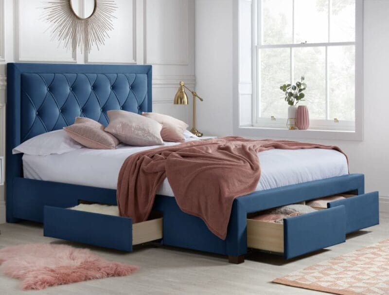 Woodbury - Double - 4 Drawer Storage Bed - Blue - Velvet - 4ft6 - Happy Beds