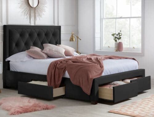 Woodbury - King Size - 4 Drawer Storage Bed - Black - Velvet - 5ft - Happy Beds