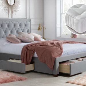 Woodbury/Signature Crystal - Double - Velvet Storage Bed with 4 Drawers and 3000 Pocket Sprung Mattress Included - Grey/White - Velvet/Fabric - 4ft6 - Happy Beds