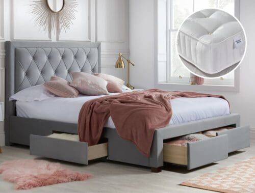 Woodbury/Signature Crystal - Double - Velvet Storage Bed with 4 Drawers and 3000 Pocket Sprung Mattress Included - Grey/White - Velvet/Fabric - 4ft6 - Happy Beds