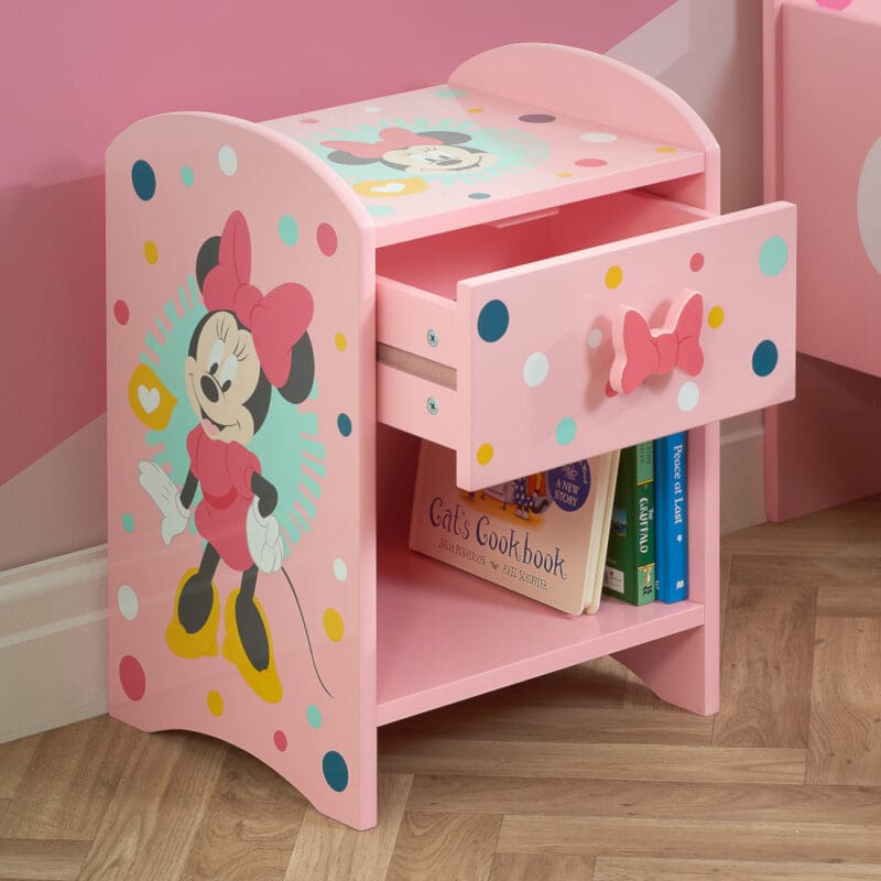 Disney Minnie Mouse 1 Drawer Bedside Table Pink Wooden Happy Beds 3 1