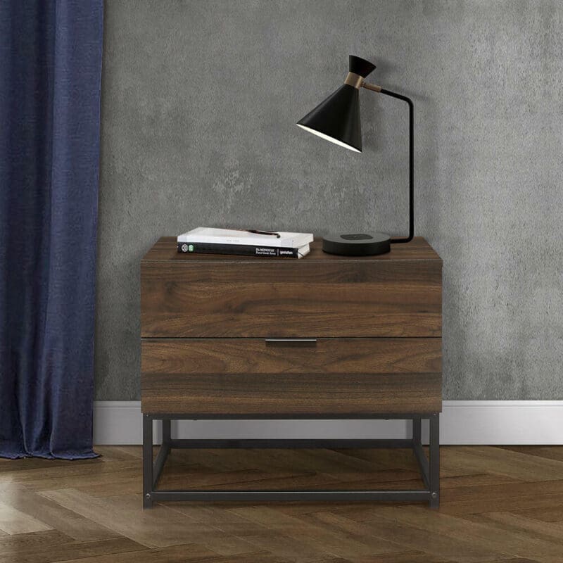 Houston 2 Drawer Bedside Table Walnut WoodenMetal Happy Beds 3 1