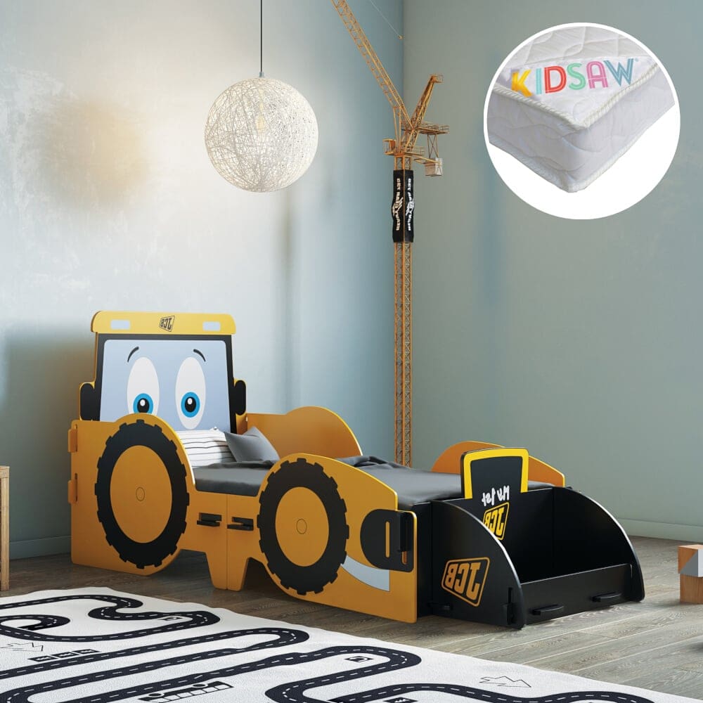 JCB - Toddler - Novelty JCB Digger Toddler Bed and Pocket Spring Mattress Included - Yellow/White - Wooden/Fabric - 70 x 140cm - Happy Beds