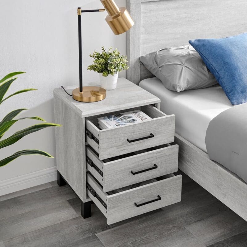 Rodley - 3 Drawer Bedside Table - Grey Oak - Wooden - Happy Beds