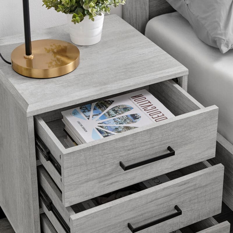 Rodley 3 Drawer Bedside Table Grey Oak Wooden Happy Beds 4 1