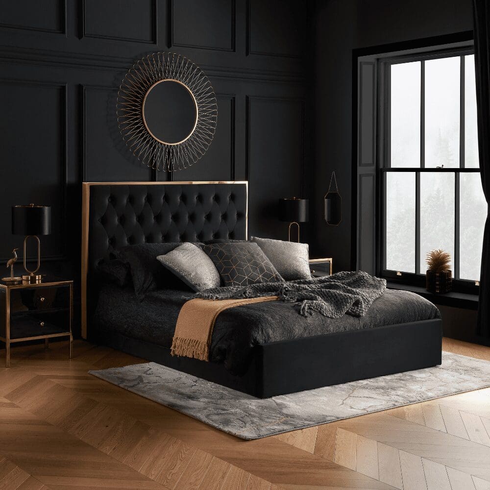 Walton - King Size – Ottoman Storage Bed Frame – Black/Gold - Velvet - 5ft – Happy Beds