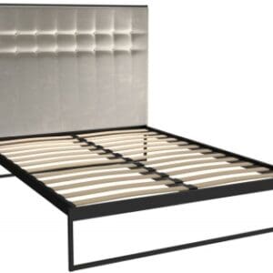 Gillmore Space Federico Black Metal Bed Frame with Mushroom Velvet Upholstered Headboard