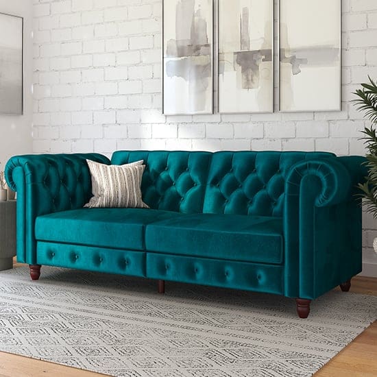 Fritton Chesterfield Velvet Sofa Bed Teal New