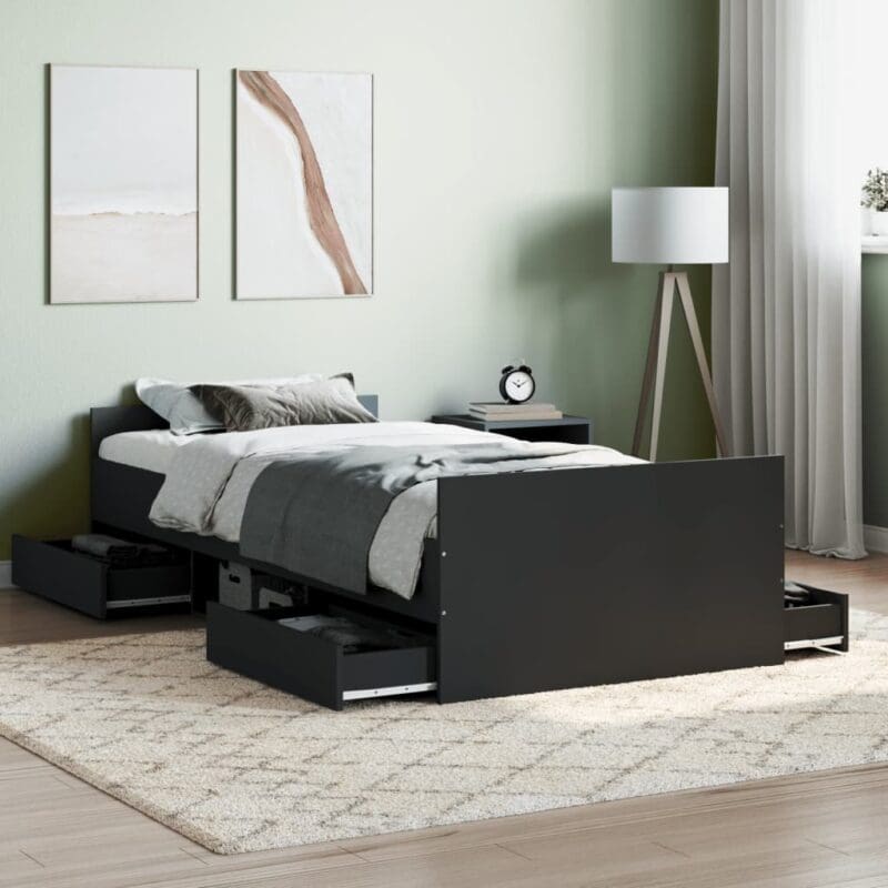 braga wooden single bed drawers black