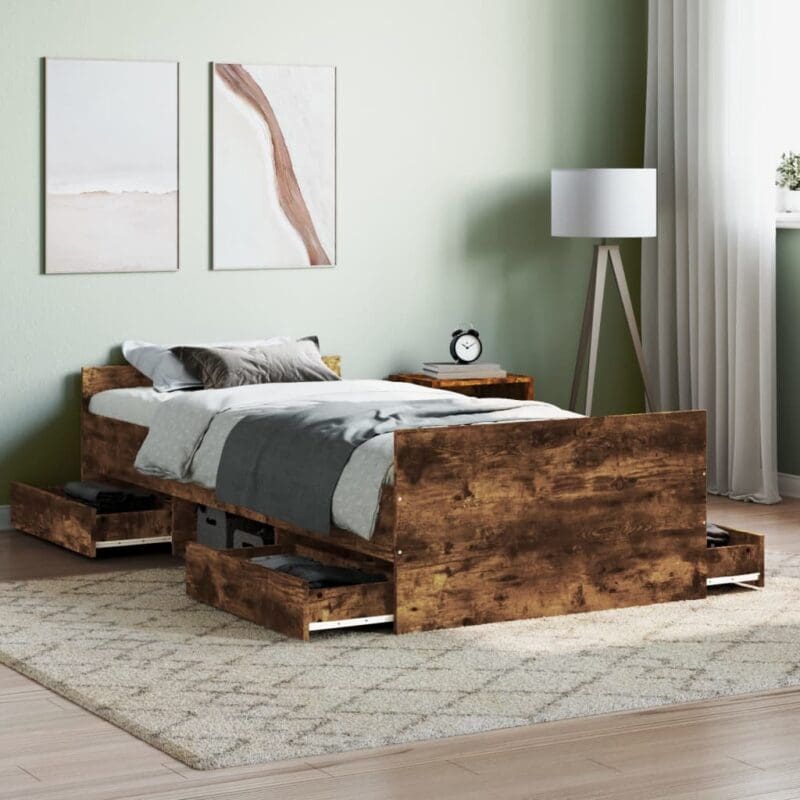 braga wooden single bed drawers smoked oak