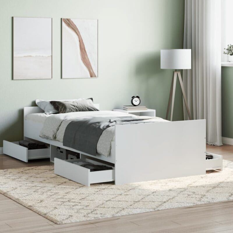 braga wooden single bed drawers white