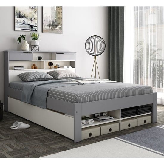 frisco double bed shelves grey white