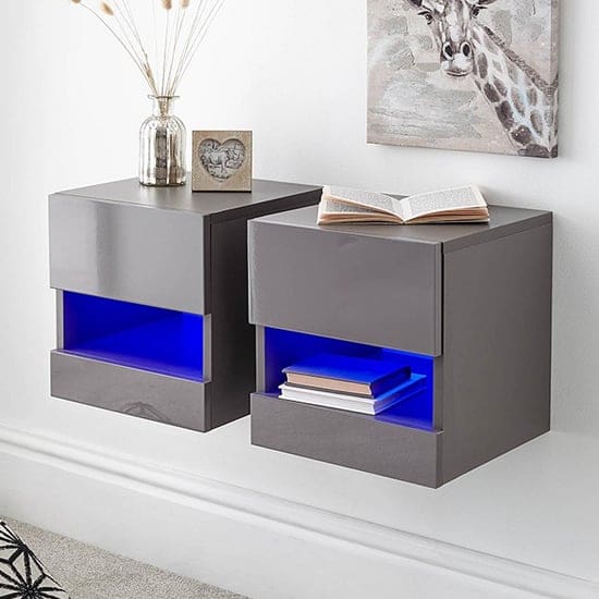 garve led grey gloss floating bedside cabinets pair