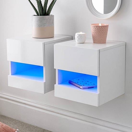 garve led white gloss floating bedside cabinets pair