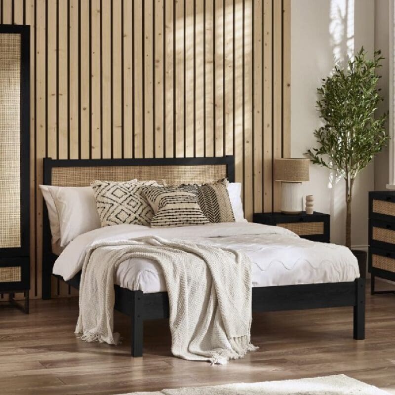 pabla wooden double bed rattan headboard black