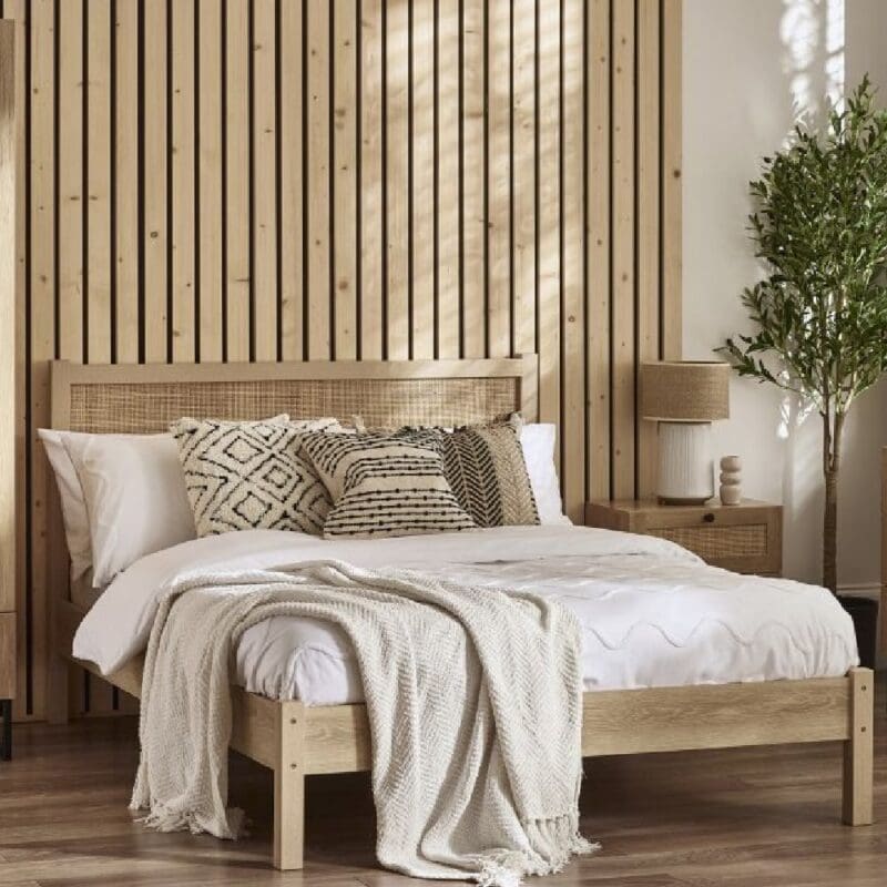 pabla wooden double bed rattan headboard oak