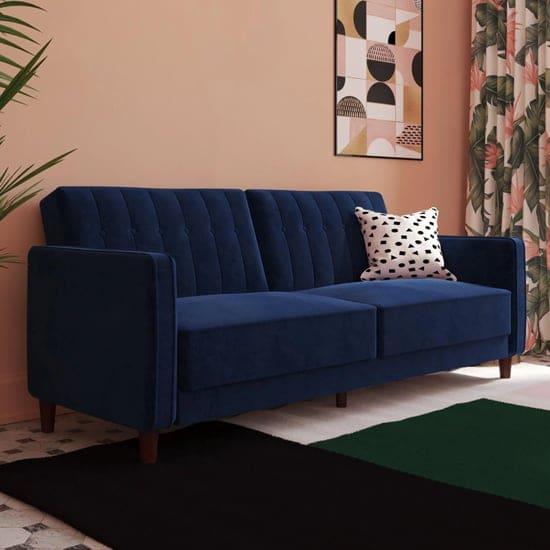 pina velvet sofa bed wooden legs blue