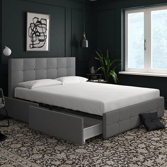 rosen linen fabric king size bed drawers grey