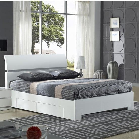 widney wooden double bed white high gloss 4 drawers