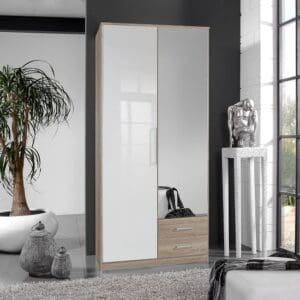 Bruce Mirror Wardrobe In Oak Effect White Gloss Fronts 2 Drawers