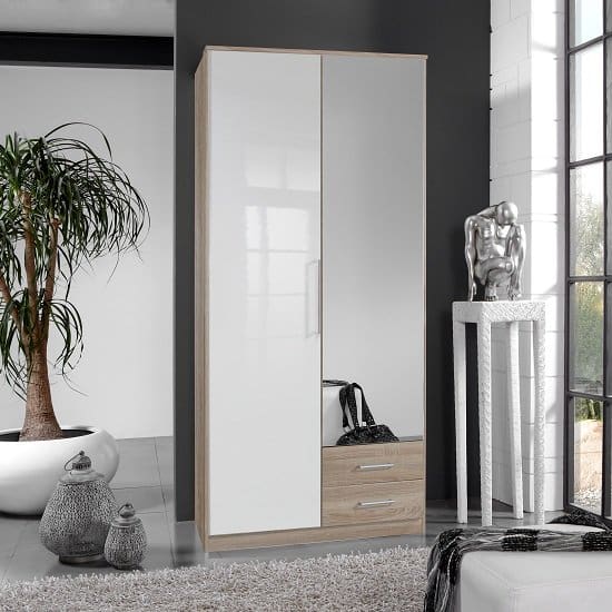 Bruce Mirror Wardrobe Oak White Gloss 2 Drawers