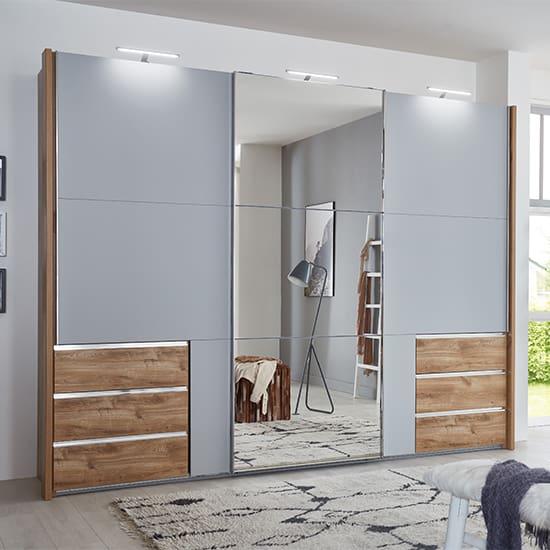 alkesia mirror sliding 3 door wardrobe grey planked oak