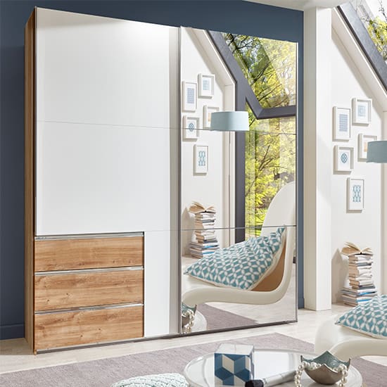 alkesia sliding door mirrored wardrobe white planked oak