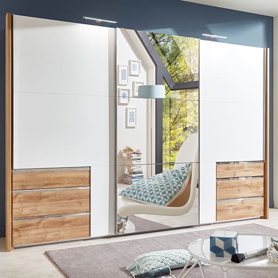 alkesu mirrored sliding 3 doors wardrobe white planked oak