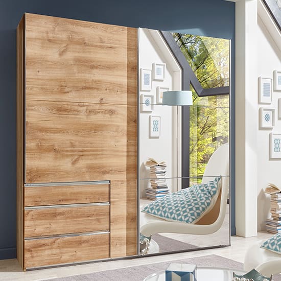 alkesu mirrored sliding wardrobe planked oak 3 drawers