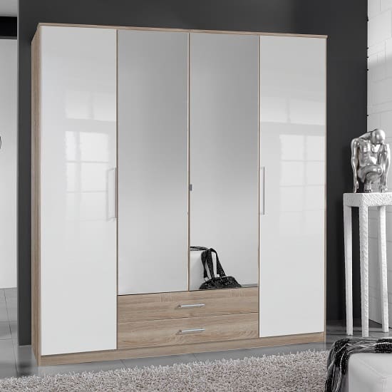 bruce mirrored large wardrobe oak white gloss