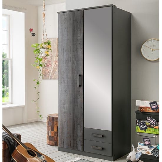 duisburg wooden wardrobe graphite 1 mirror 2 drawers