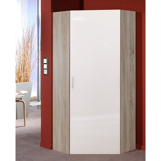 malta corner wooden wardrobe high gloss white and oak