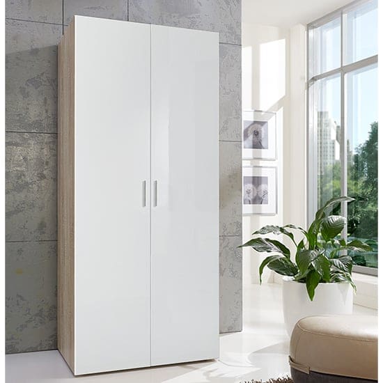 malta wooden wardrobe high gloss white and oak 2 drs