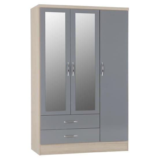 nunky mirrored wardrobe grey gloss 3 doors 2 drawers